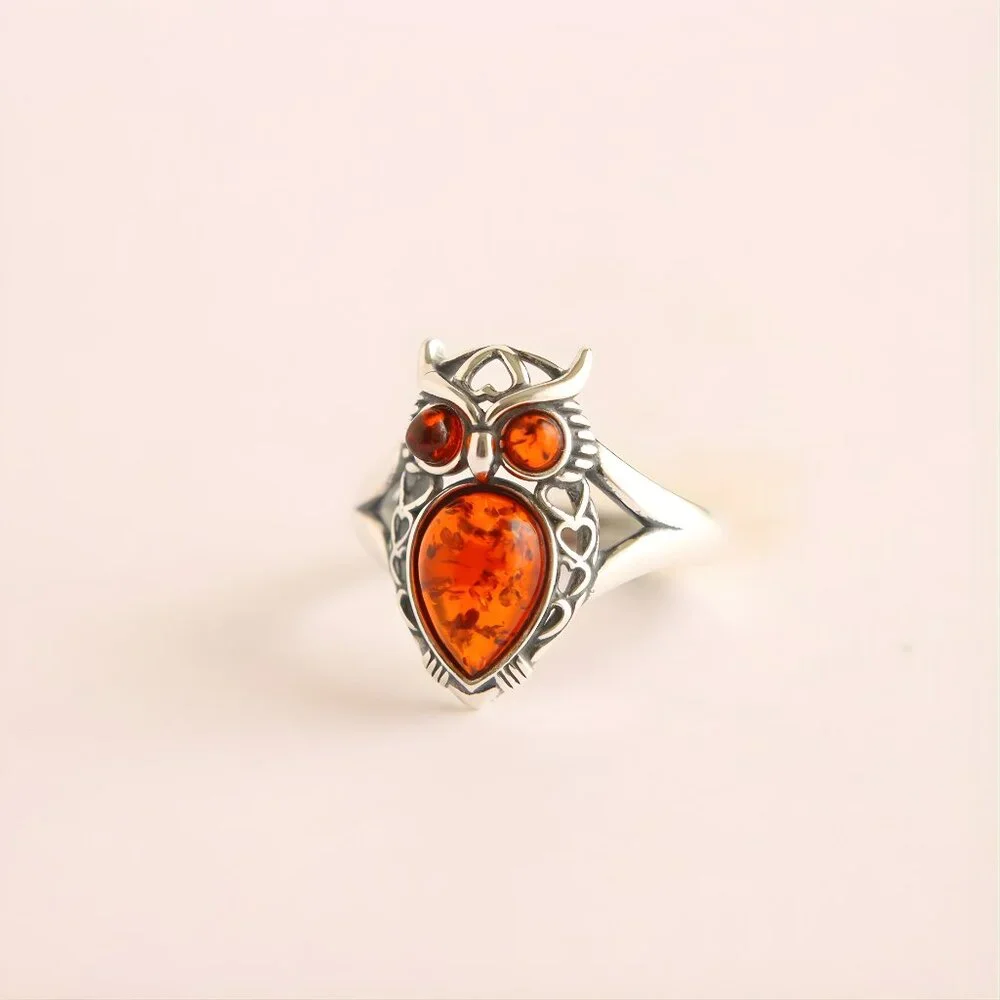 Baltic Amber Owl Ring in 925 Sterling Silver